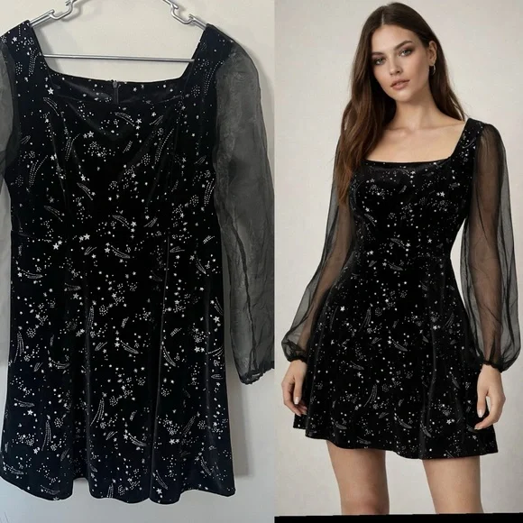 Black Velvet Sparkly Celestial Gothic Mini Dress XL Stars Fairy Grunge Witchy - Picture 11 of 11
